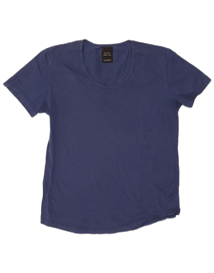 ZARA Damen T-Shirt Top UK 14 Large Marineblau Baumwolle