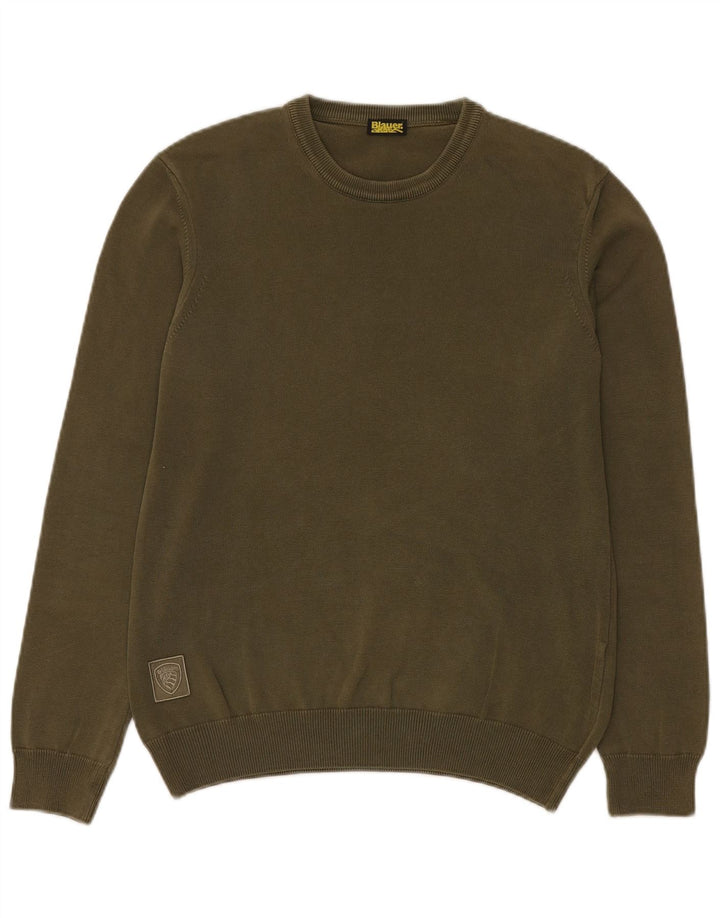 Blauer Herren-Pullover mit Rundhalsausschnitt, Größe S, grüne Baumwolle