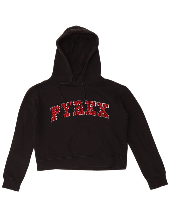 Pyrex Womens Crop Graphic Hoodie Pullover UK 14 Mittelschwarze Baumwolle