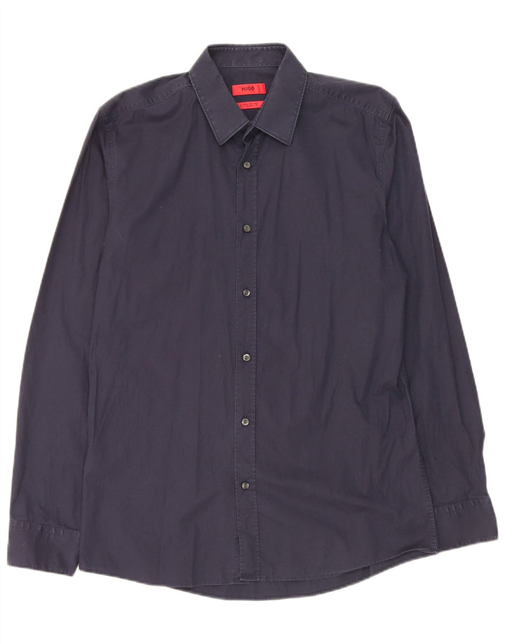 Hugo Boss Herren-Hemd mit extra schmaler Passform, Größe 40, mittelmarineblaue Baumwolle