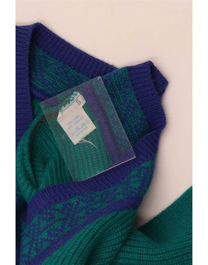 Vintage Herren Pullover mit V-Ausschnitt, große grüne geometrische Wolle