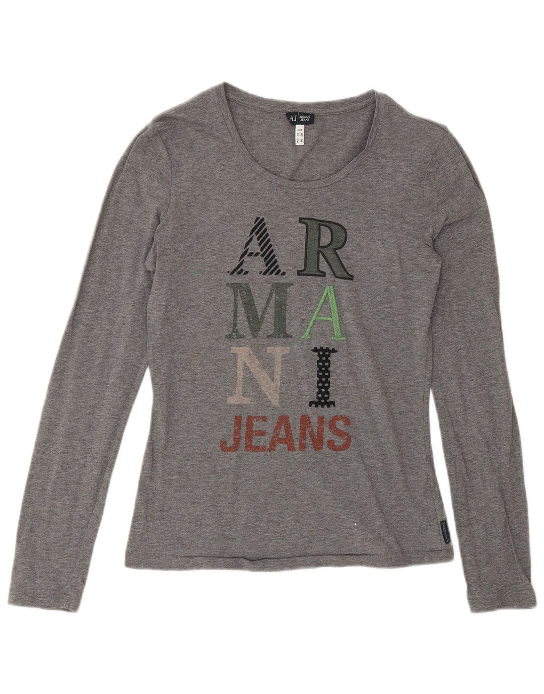 Armani Jeans Damen Graphic Top Langarm UK 12 Mittelgraue Baumwolle