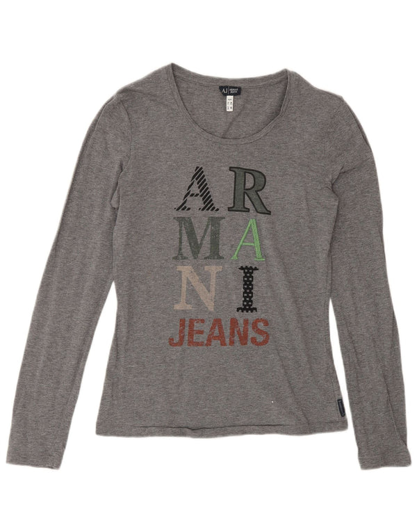 Armani Jeans Damen Graphic Top Langarm UK 12 Mittelgraue Baumwolle