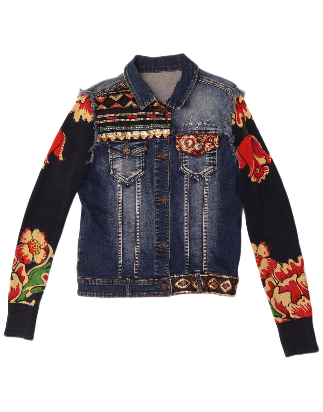 Desigual Damen Grafik-Jeansjacke EU 38 Mittelmarineblaue Blumenbaumwolle