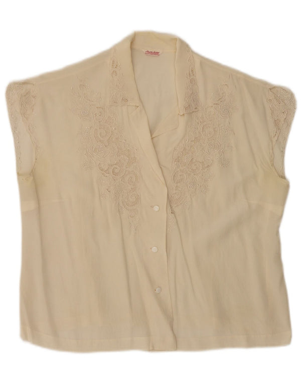Vintage Damen Ärmellose Hemdbluse EU 40 Medium Off White Floral Silk