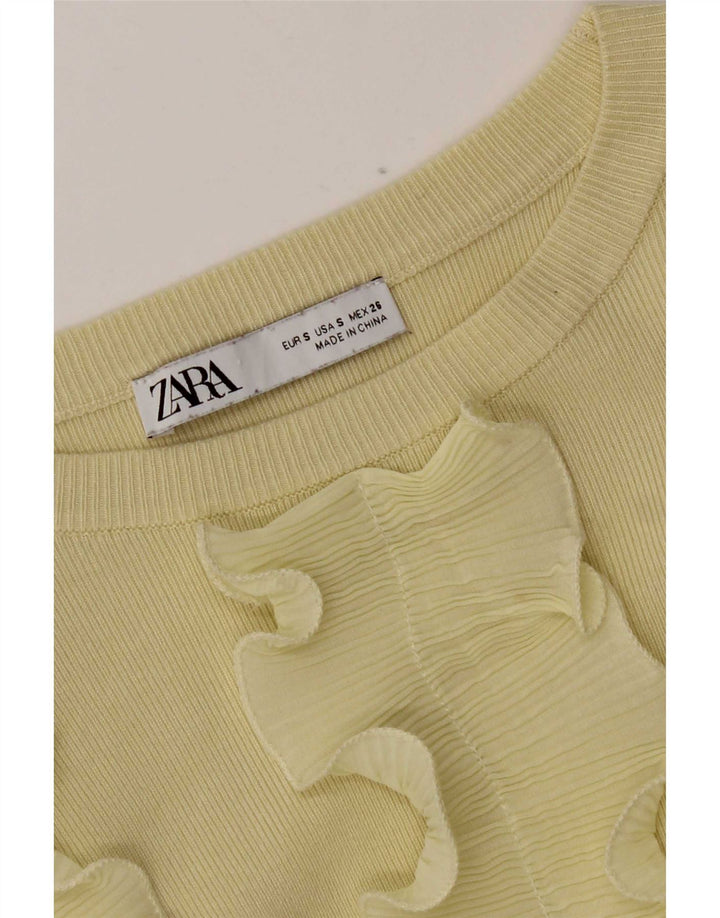 Zara Damen Crop Langarm-Blusenoberteil mit Rüschen vorne, Gr. 8, Gelb