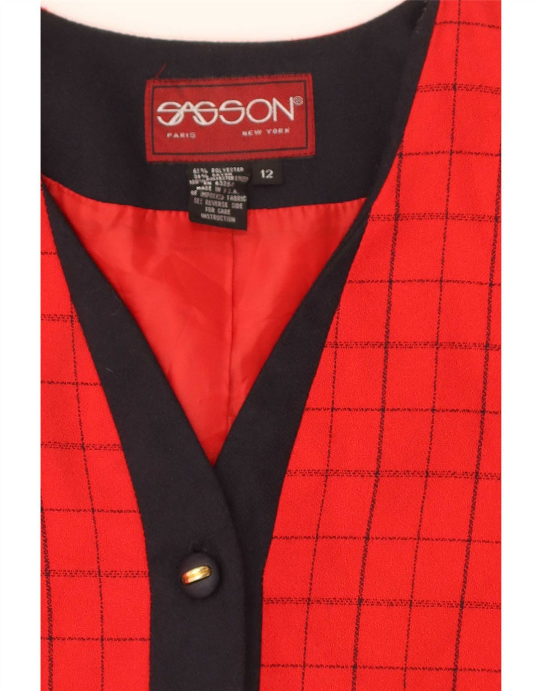 Vintage Damen Blazerjacke mit 4 Knöpfen, US 12, großes rotes Karo-Polyester