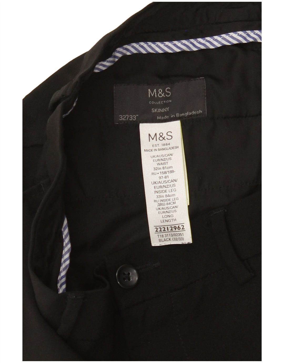 MARKS & SPENCER Womens Skinny Chino Trousers W32 L33 Black Polyester