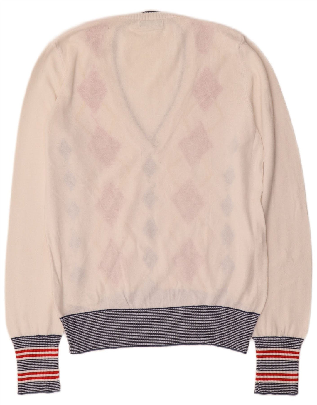 Benetton Damen-Pullover mit V-Ausschnitt, Gr. 40, Größe L, weiß, Argyle/Diamant