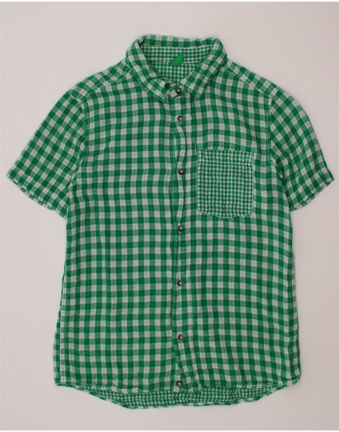 BENETTON Kurzarmhemd für Jungen, 10–11 Jahre, grüner Gingham-Karomuster