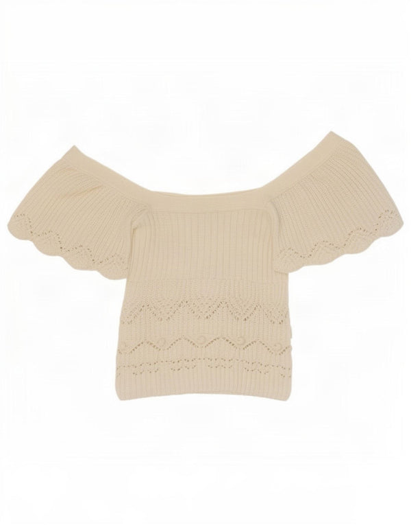Zara Damen Crop Knit Off Shoulder Bluse Top UK 14 Large Weiße Baumwolle