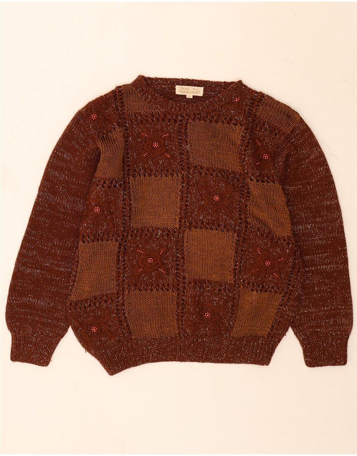 Vintage Damen Rundhalspullover Pullover UK 14 Mittelbraun Patchwork