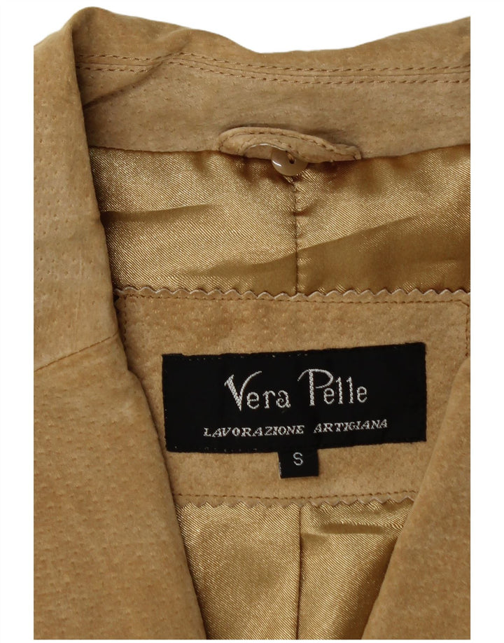 Vintage Damen 2-Knopf-Wildleder-Blazerjacke UK 10 Kleines beiges Leder