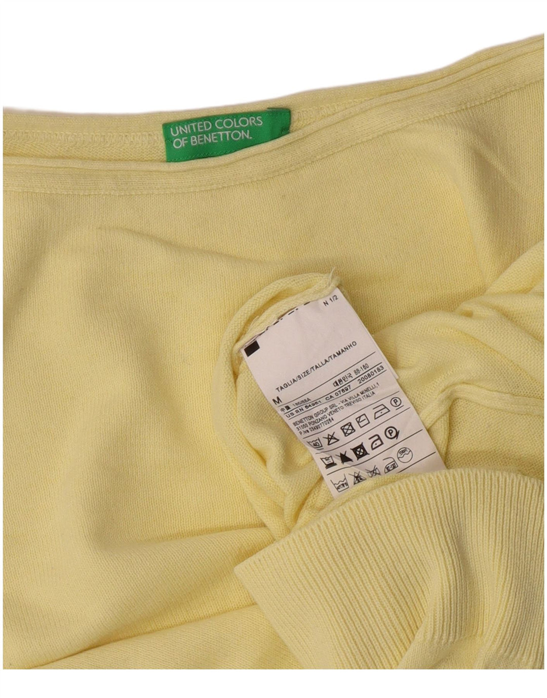 Benetton Damen-Pullover mit U-Boot-Ausschnitt, UK 12, mittelgelb, Baumwolle, klassisch