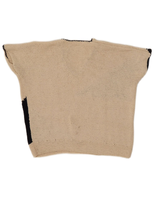 Vintage Damen Crop V-Ausschnitt Pullover Pullover UK 12 Mittelbeige Farbblock