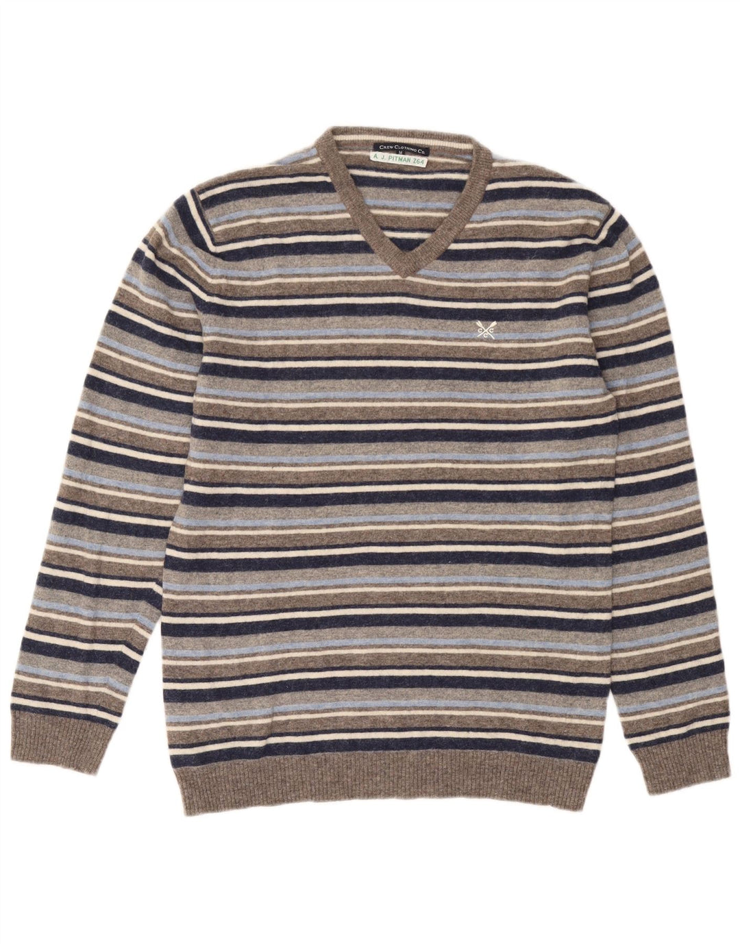 Crew Clothing Herren-Pullover mit V-Ausschnitt, mittelgrau gestreifte Wolle
