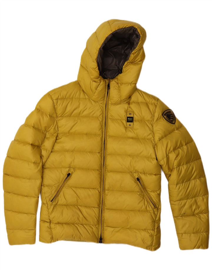 Blauer wattierte Herrenjacke mit Kapuze, UK 38, Mittelgelb, Polyamid