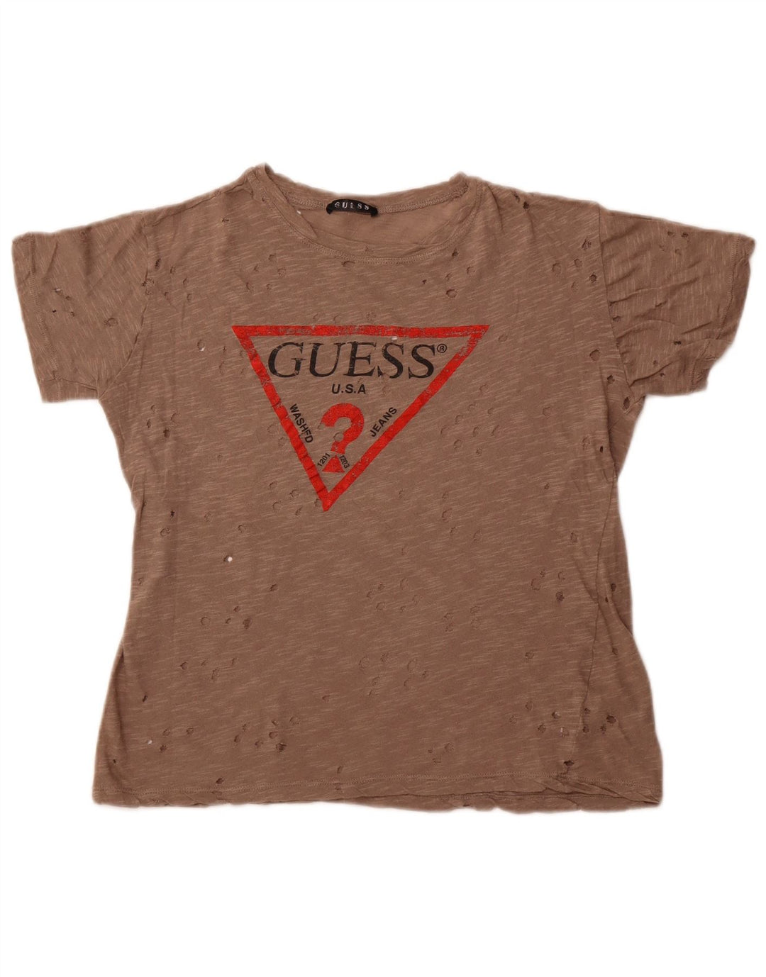 Guess Perforiertes grafisches T-Shirt-Oberteil für Damen, UK 14, Mittelbraun