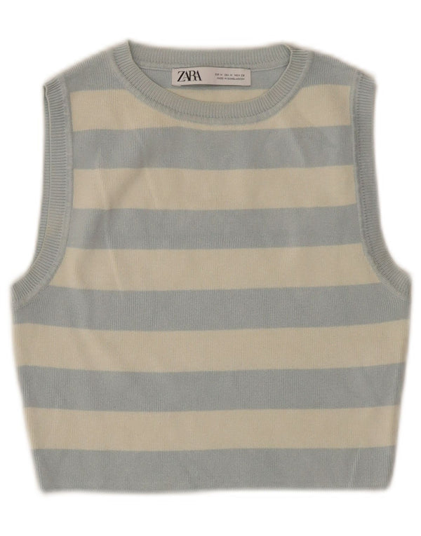 ZARA Damen Crop Vest Tank Top UK 12 Mittelblau gestreift Viskose