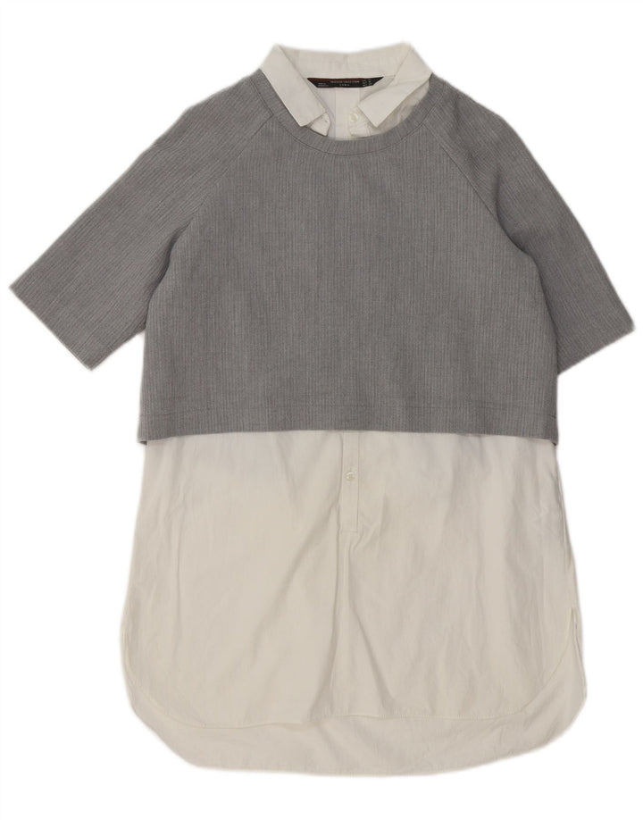 Zara Damen Etuikleid UK 14 Mittelgraue Colourblock-Baumwolle