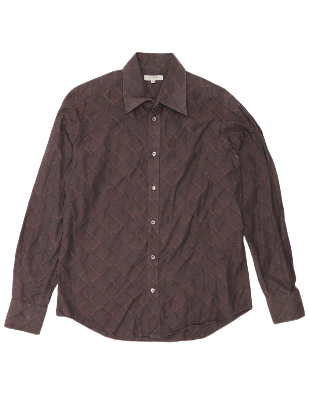 Ted Baker Herrenhemd Größe 15 1/2 mittelbraune geometrische Baumwolle