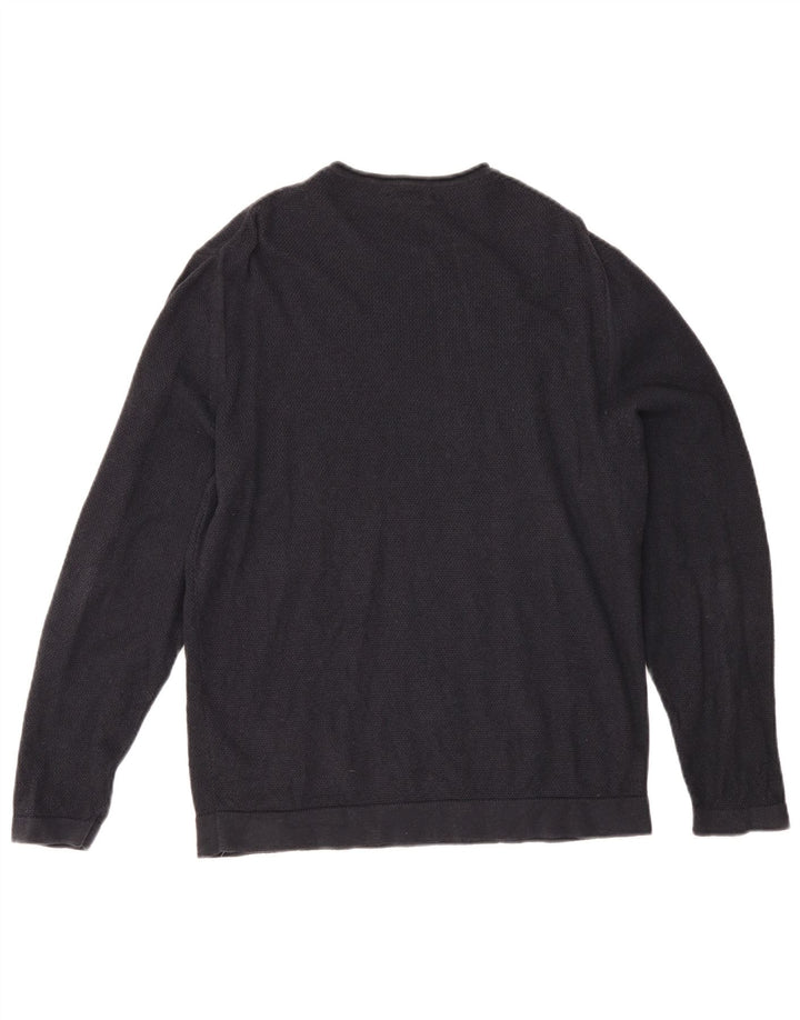 Massimo Dutti Herren-Pullover mit Rundhalsausschnitt, groß, marineblaue Baumwolle