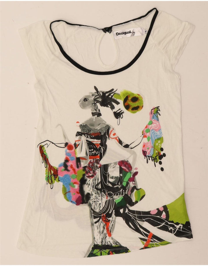 Desigual Damen Grafik T-Shirt Top UK 18 XL Off White Viscose