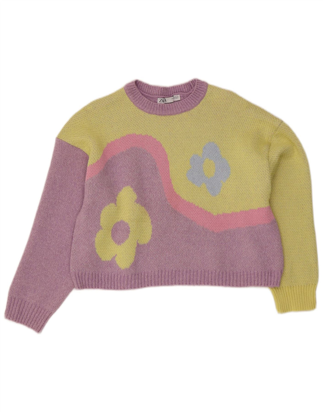 Zara Damen Pullover mit grafischem Rundhalsausschnitt, Gr. 12, Mittelviolett