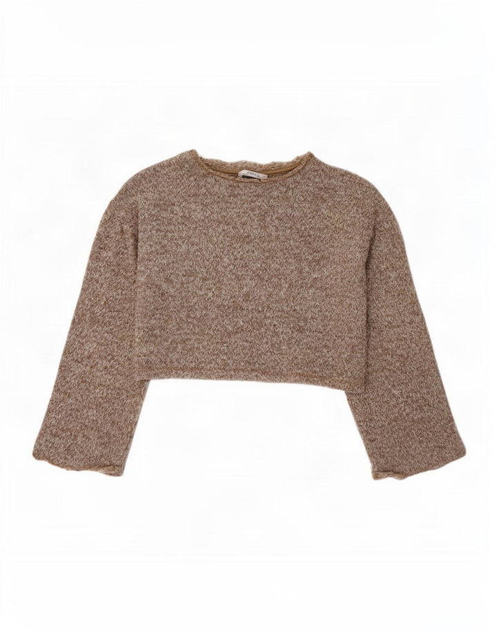 Zara Damen Crop Oversized Top Langarm UK 10 Small Braun Polyester