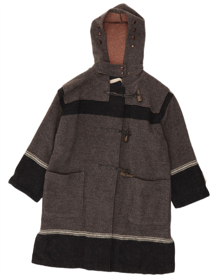 Vintage Herren Dufflecoat mit Kapuze IT 42 XL Graue Colourblock-Schurwolle