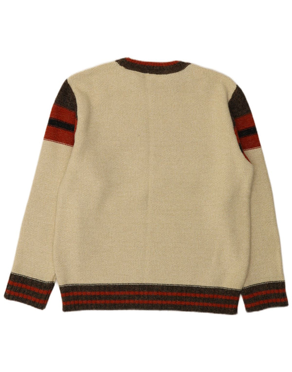 Vintage Damen Pullover mit grafischem Rundhalsausschnitt, Gr. 18 XL, gebrochenes Weiß