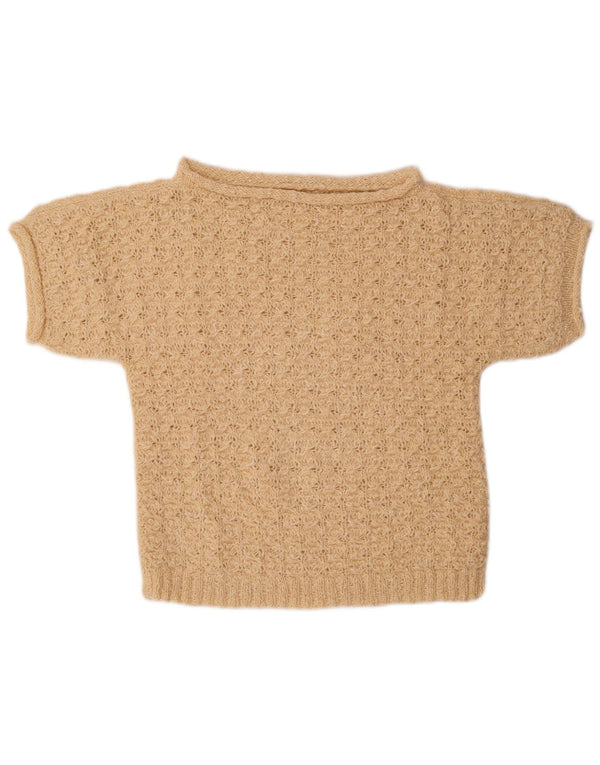 Vintage Damen Kurzärmeliger Pullover mit U-Boot-Ausschnitt UK 14 Medium Beige