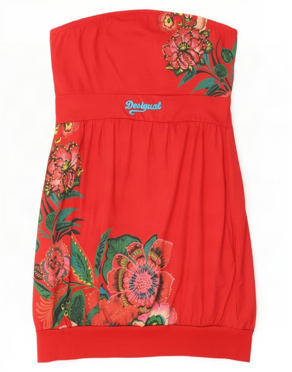 Desigual Damen Trägerloses Kleid UK 12 Mittelrote Blumenbaumwolle