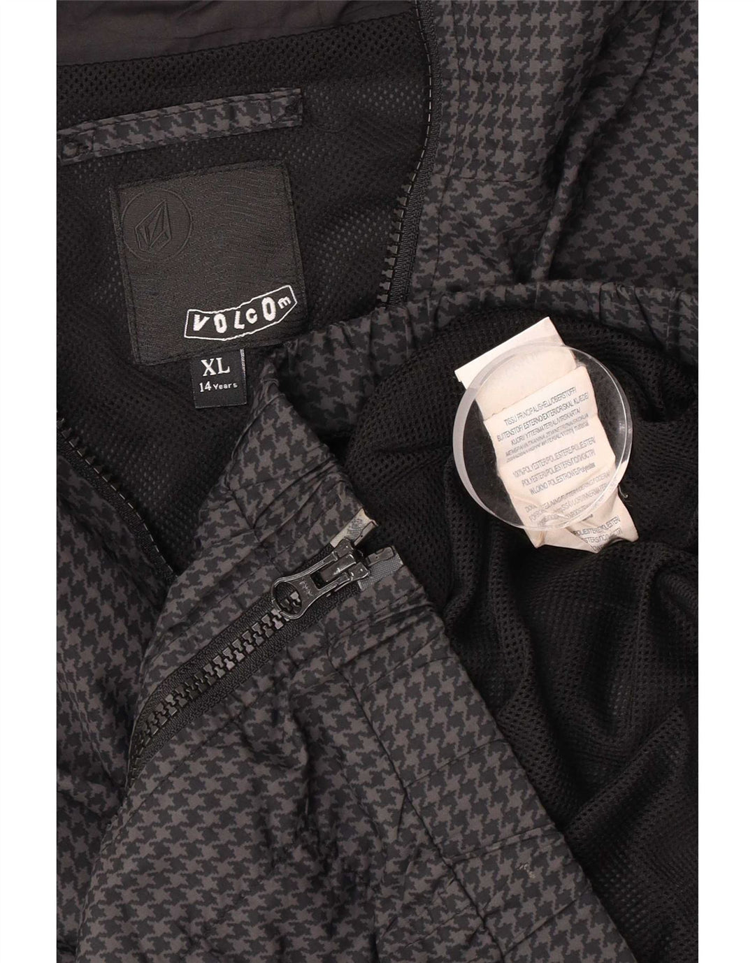 Volcom Mädchen-Regenjacke mit Kapuze, 13–14 Jahre, XL, graues Hahnentritt-Polyester