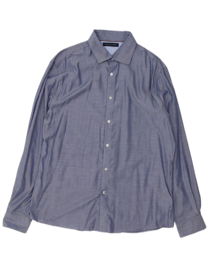 Tommy Hilfiger Herrenhemd, Größe 16 1/2, groß, blaue Fischgräten-Baumwolle