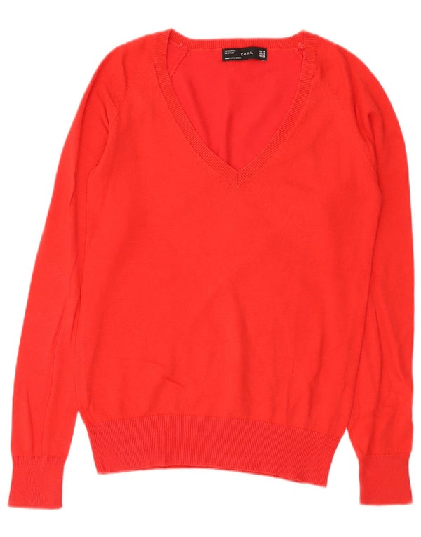 Zara Damen-Pullover mit V-Ausschnitt, UK 12, mittelrote Baumwolle