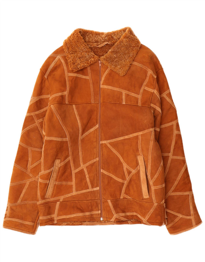 Vintage Damen Shearling Jacke UK 14 Mittelbraun Geometrisch