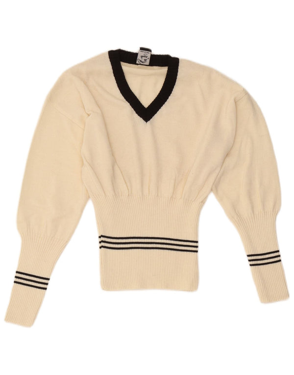 Vintage Damen V-Ausschnitt Pullover Pullover UK 8 Small Off White Gestreifte Wolle