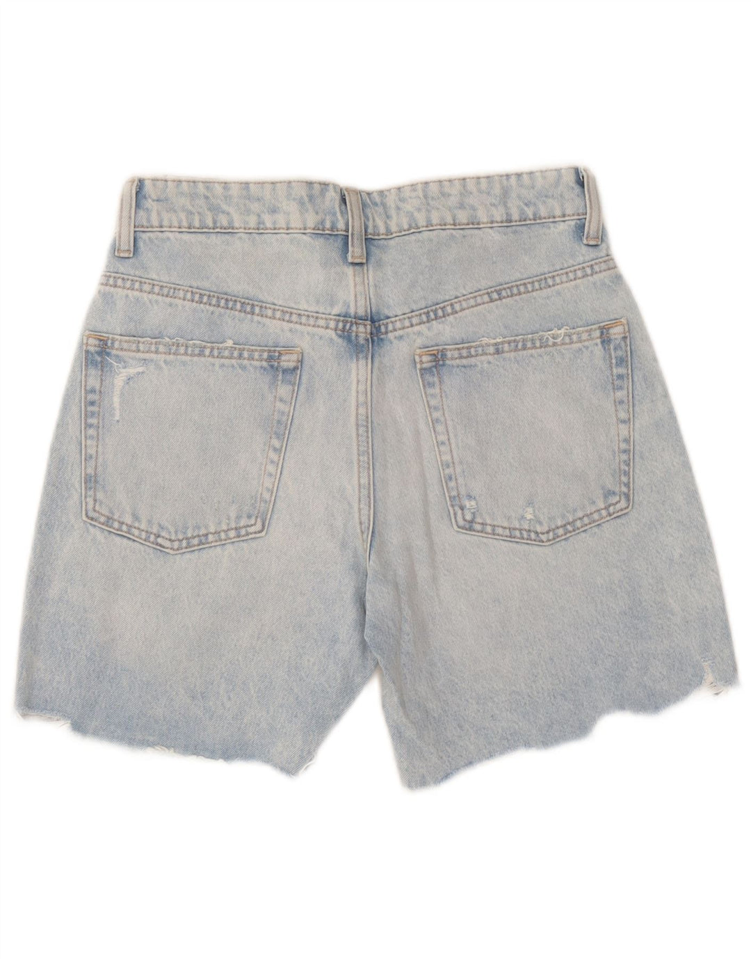 Zara Damen Distressed Denim Shorts EU 36 XS W26 Blaue Patchwork-Baumwolle