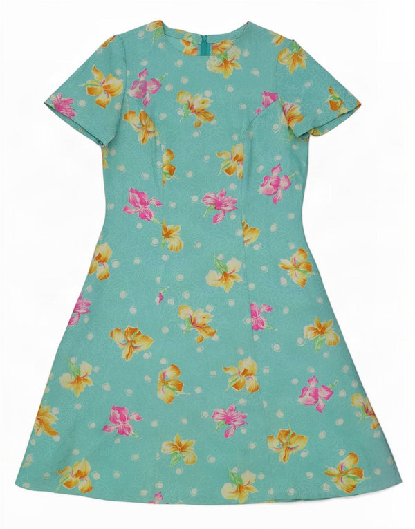 Vintage Womens A-Line Dress UK 12 Medium Turquoise Floral