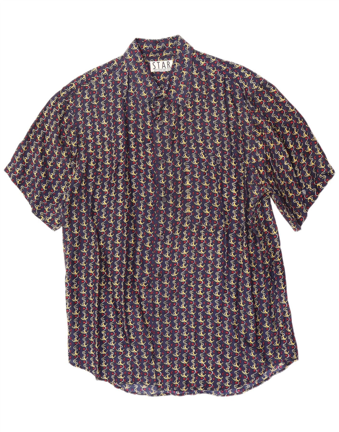 Vintage Herren-Kurzarmhemd mit abstraktem Muster, mittlere marineblaue Seide