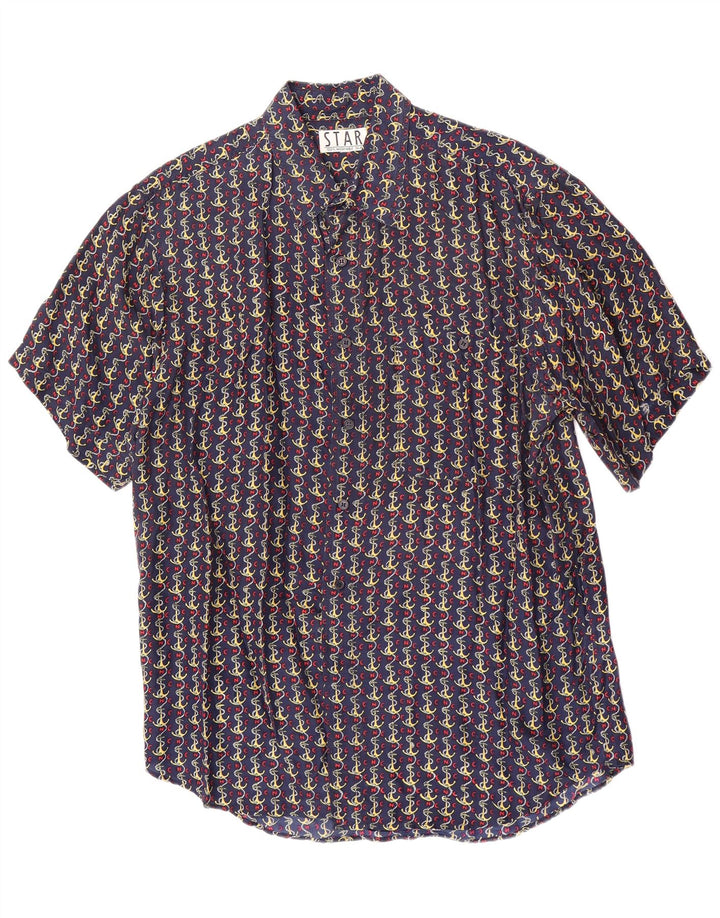 Vintage Herren-Kurzarmhemd mit abstraktem Muster, mittlere marineblaue Seide