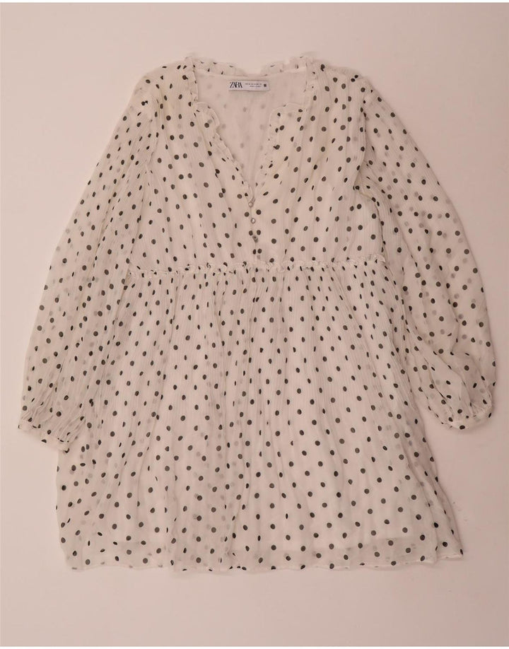 Langärmliges A-Linien-Kleid für Damen von ZARA, Größe 44, Mittelweiß, gepunktet, Polyester