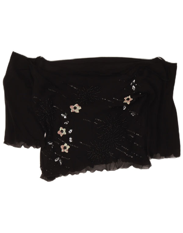 Vintage Damen Crop 3/4 Ärmel Off Shoulder Top UK 18 XL Schwarz geblümte Seide