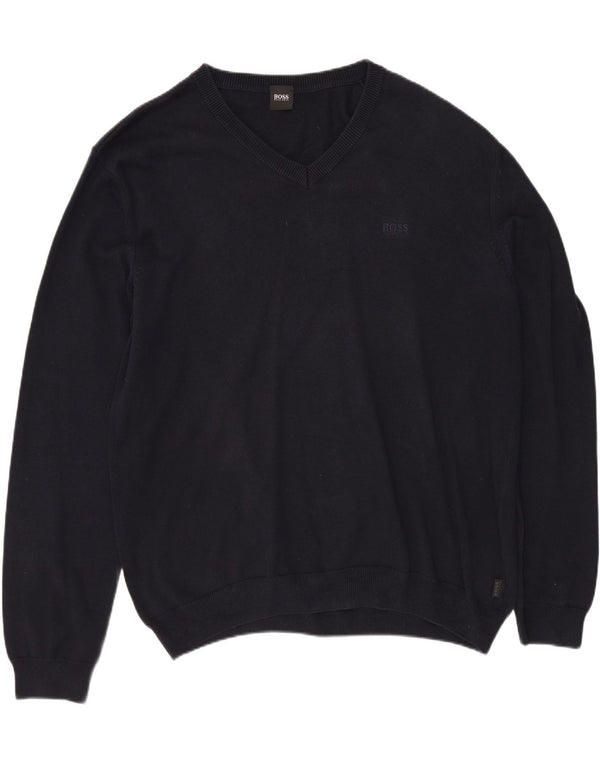 HUGO BOSS Herren-Pullover mit V-Ausschnitt, XL, marineblaue Baumwolle