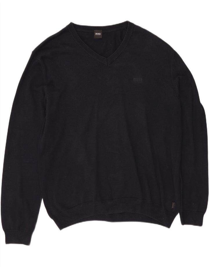 HUGO BOSS Herren-Pullover mit V-Ausschnitt, XL, marineblaue Baumwolle