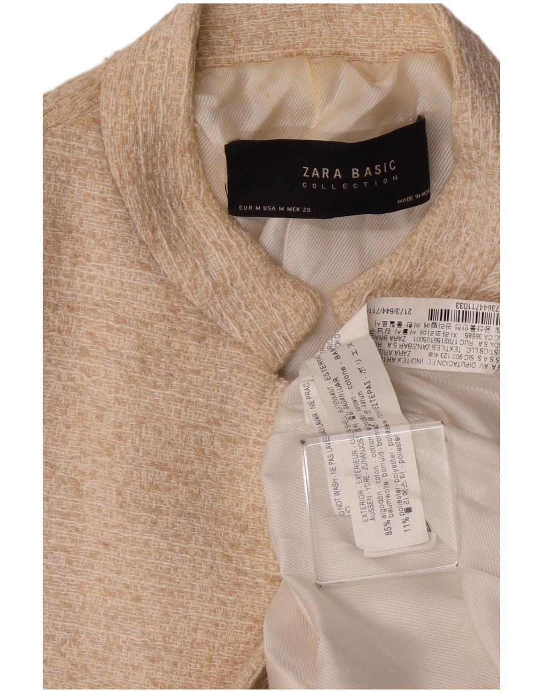 Offene Blazer-Jacke für Damen von ZARA, UK 12, mittlere, cremefarbene Baumwolle