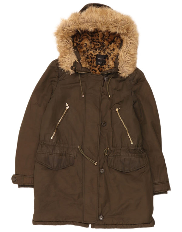 Zara Damen Kapuzen-Sherpa-Parkajacke UK 14 Medium Khaki