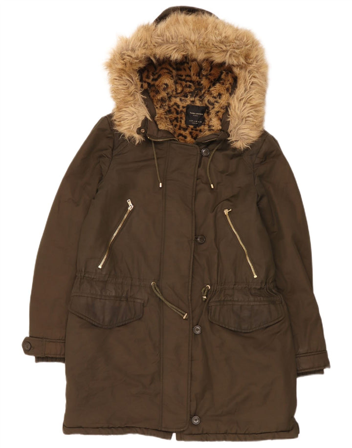 Zara Damen Kapuzen-Sherpa-Parkajacke UK 14 Medium Khaki