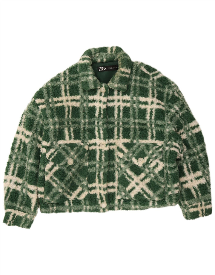 Übergroße Fleecejacke für Damen von Zara, UK 14, groß, grün kariert, Polyester